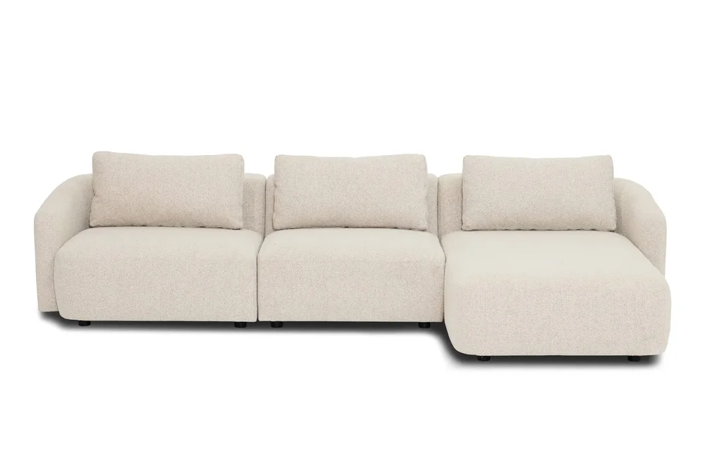 Milano avrundet 5-seters høyrevendt L-sofa med lav rygg i beige bouclé v:8903848