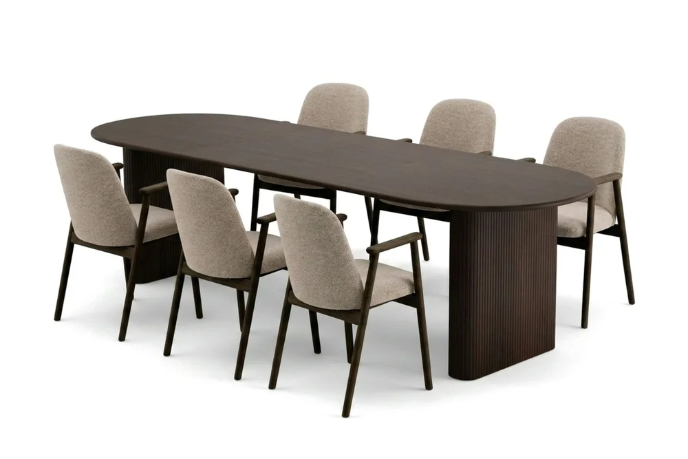 Noira spisegruppe uttrekkbar 220–320 cm røkt eik med 6 Reciclar spisestoler v:1178967