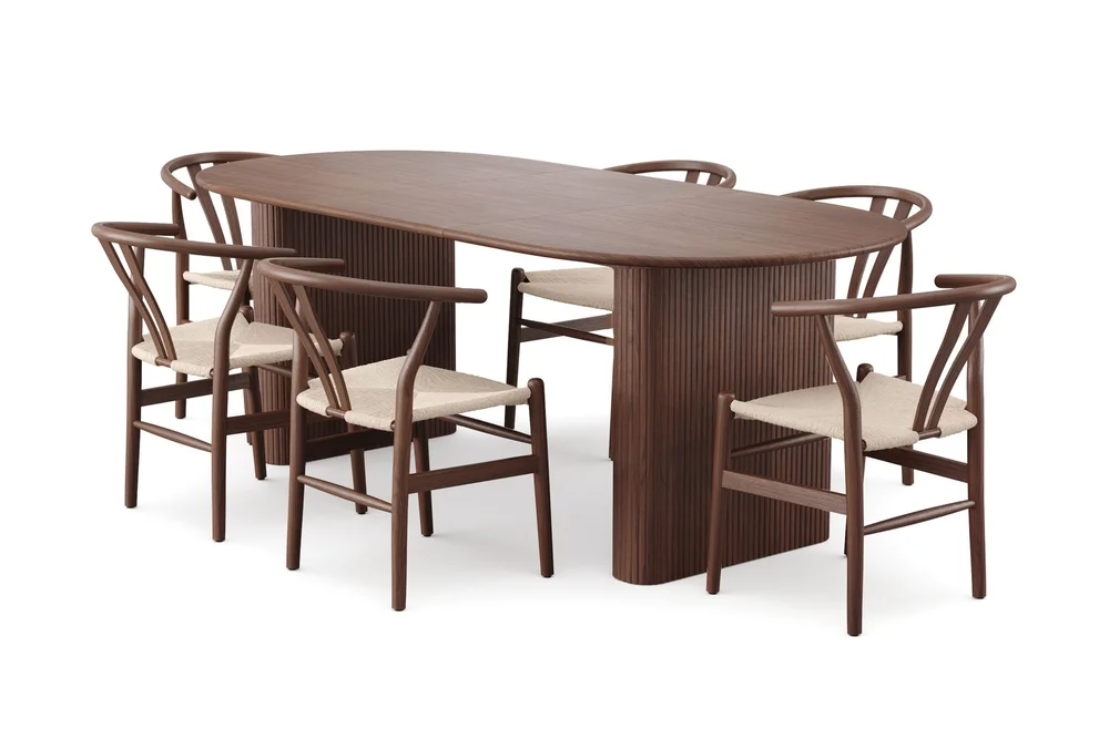 Noira spisegruppe uttrekkbar 160–220 cm valnøtt med 6 Dastoori spisestoler v:2418626