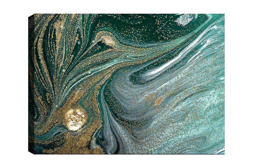 Lerretsbilde 70x100 cm - Abstrakt kunstverk med svarte og gullmønstre som skaper en følelse av bevegelse og dybde v:3657540