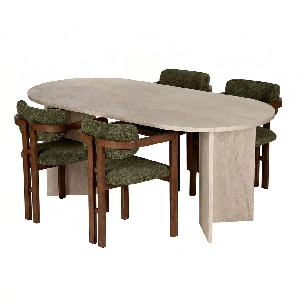 Spisebord- og stolsett Nordure Meridia 4 (180 x 75 x 90 cm) 5 deler Travertin valnøtt grønn v:3649618