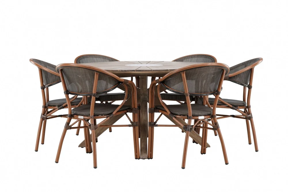 Spisegruppe for utendørsbruk Rosario spisebord - teak Ø140 +Vila Real kaféstol 2-pk - brun/svart _6 Brun v:1761760