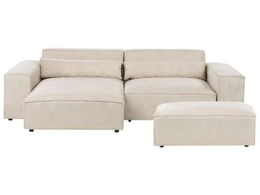 Modulær hjørnesofa 3-seter HELLNAR med fotskammel Fløyel Lys beige Høyrevendt v:1644677