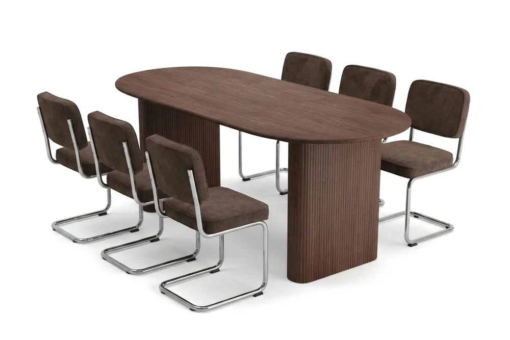 Noira spisegruppe uttrekkbar 160–220 cm valnøtt med 6 Milva spisestoler v:6603559